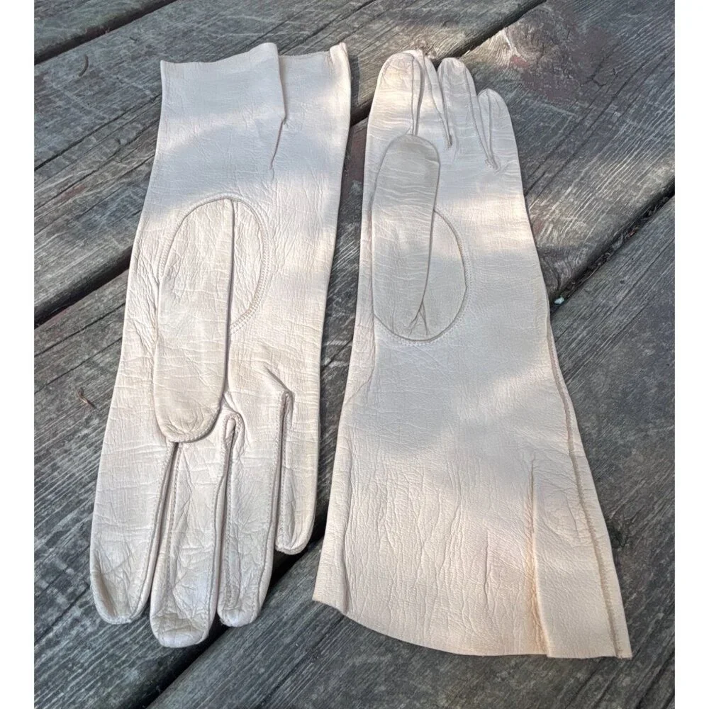 Vtg‎ Washable Kid Leather Ladies Long Beige Gloves Size 7 France